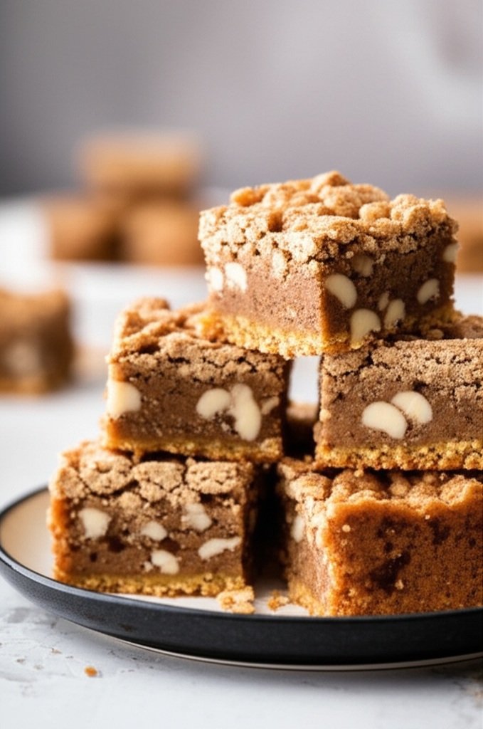 Stacked Raggedy Ann bars: crumbly topping, chocolate filling with white nuts, and golden crust on a plate.