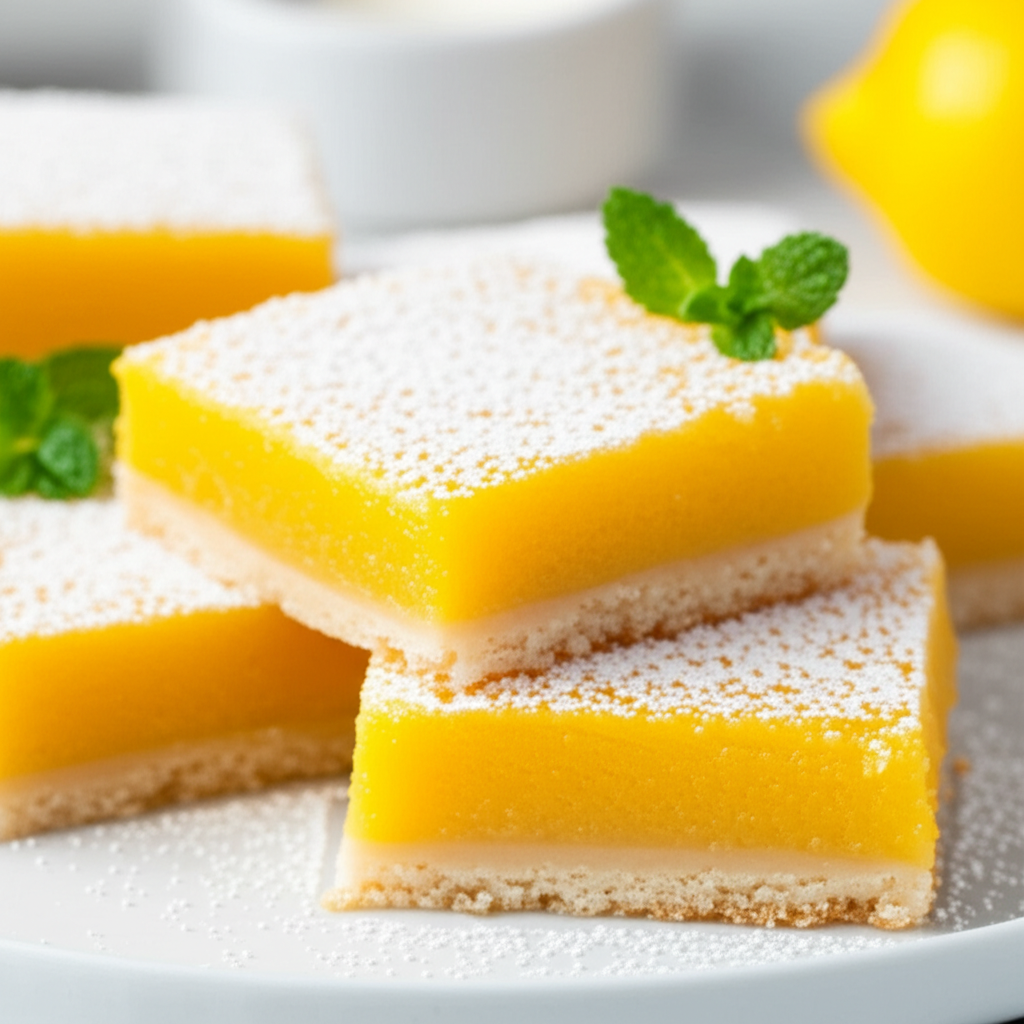 Lemon squares: bright yellow filling, shortbread crust, dusted with powdered sugar, garnished with mint.