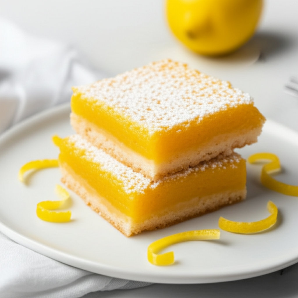 Stacked lemon squares dusted with powdered sugar, garnished with lemon zest curls on a white plate.