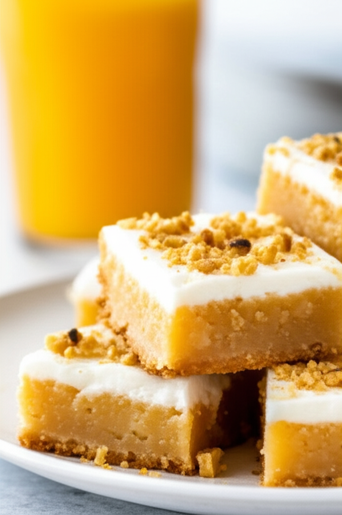 Stacked pineapple bars with white frosting and crumb topping on a plate, with a glass of orange juice.