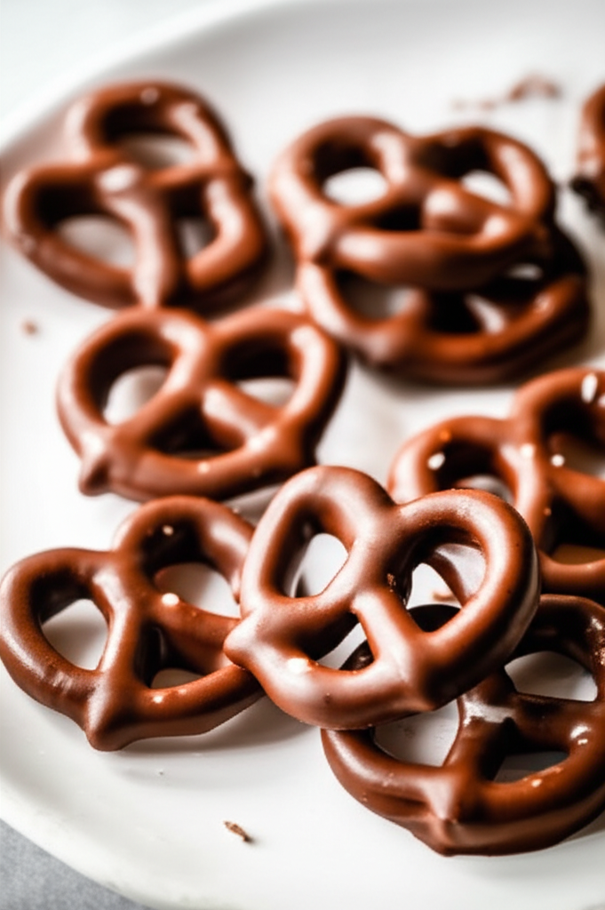 Milk chocolate-dipped pretzels on a white plate, showing the smooth, shiny chocolate coating.