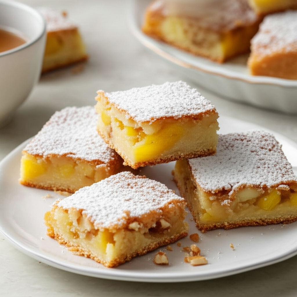 Square Hawaiian fruit bars dusted with powdered sugar, stacked on a white plate.