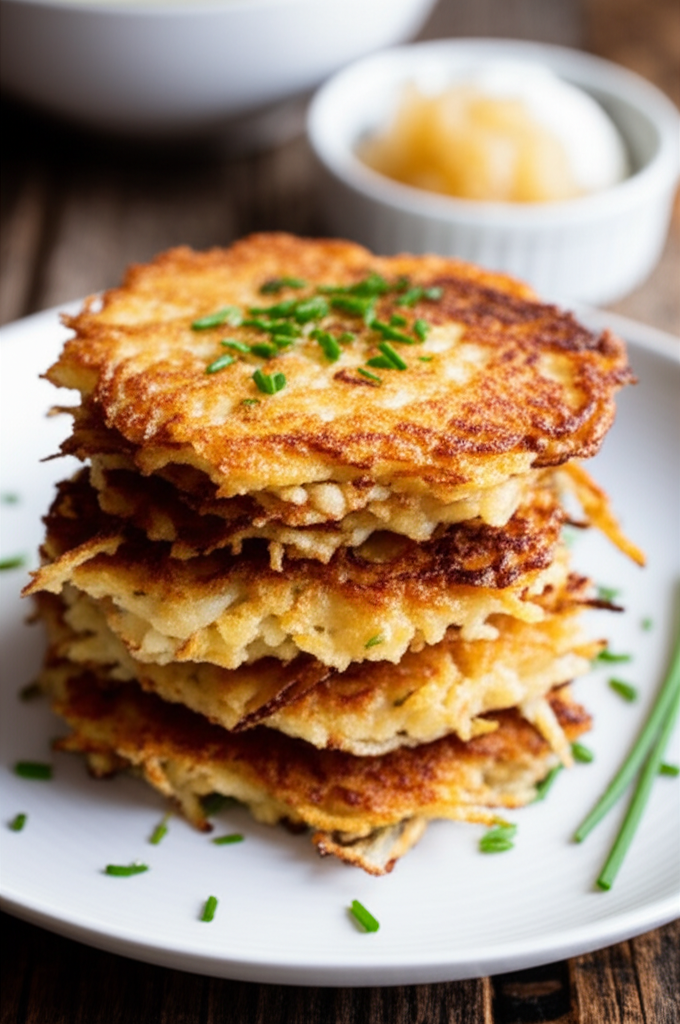 Stack of golden-brown fried potato latkes, garnished with chives, on a white plate. Applesauce and sour cream in background.