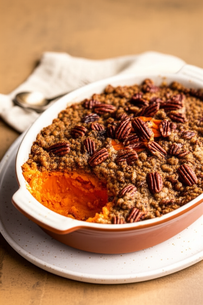 Baked sweet potato casserole with pecan crumble topping in a brown dish on a speckled plate.