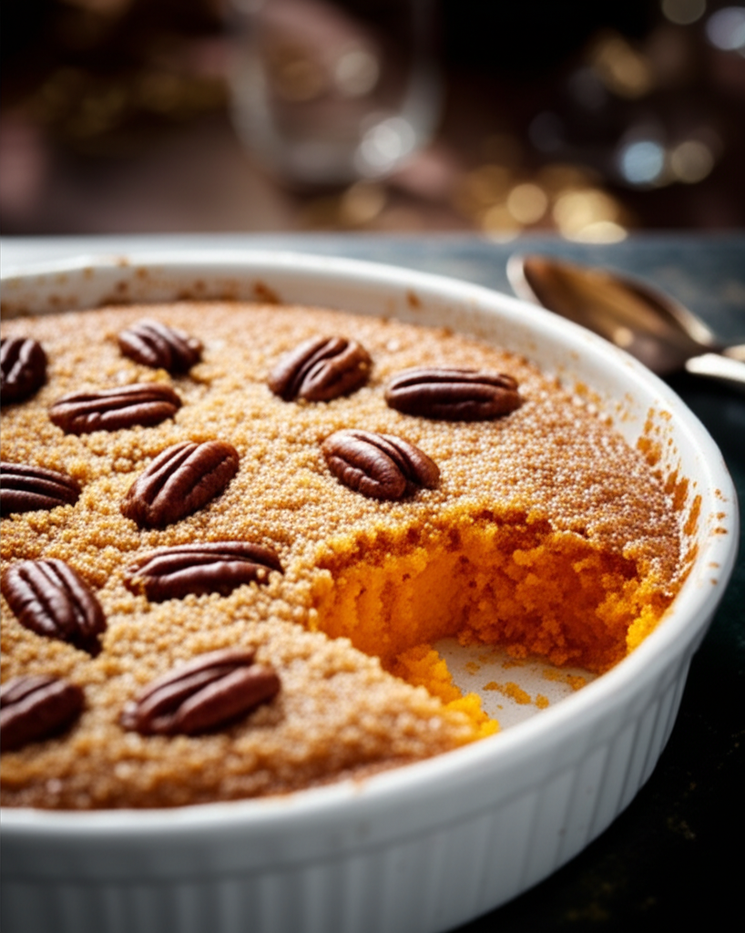 Baked sweet potato souffle in white dish, topped with pecans, with a portion scooped out.