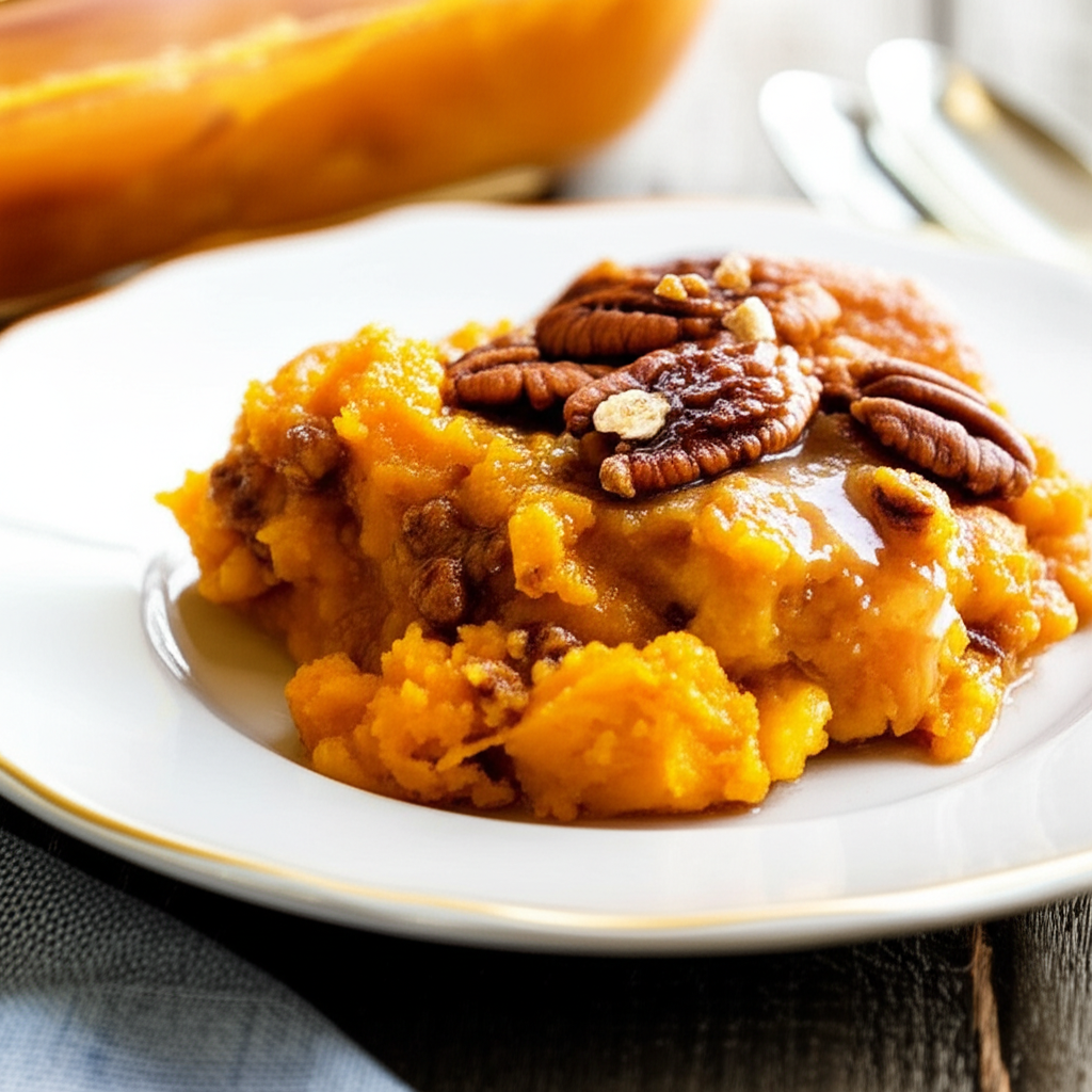 Sweet potato souffle on white plate, topped with pecans and a glossy glaze.