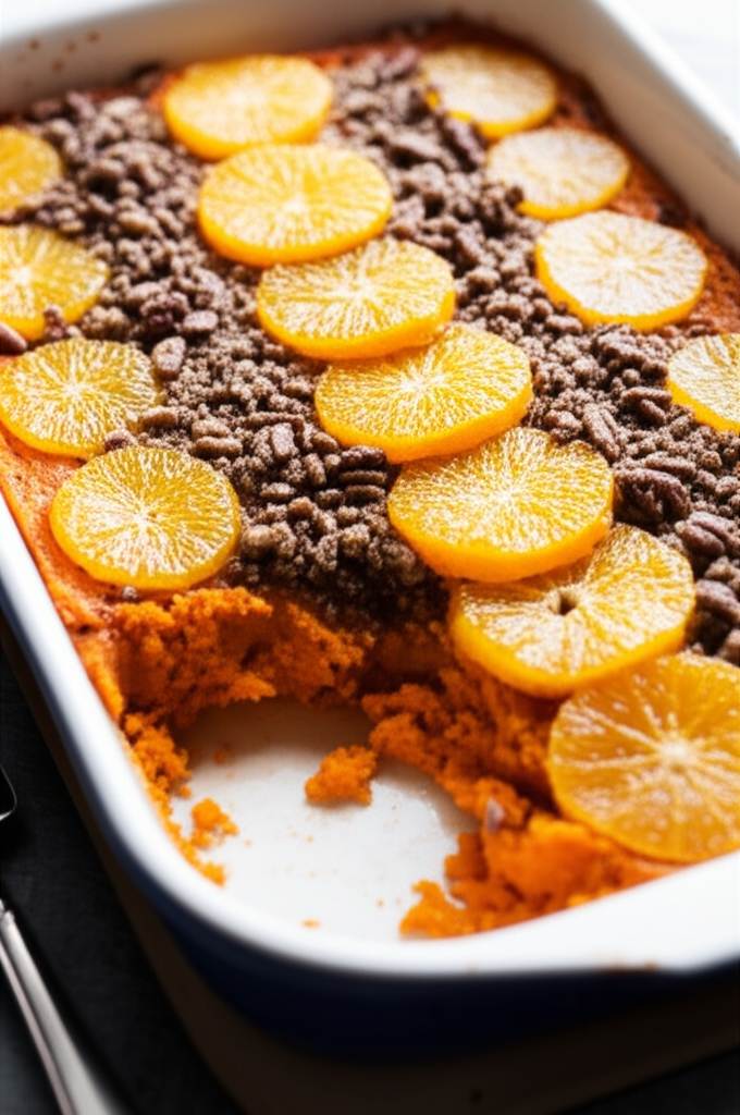 Baked orange-sweet potato casserole in a dish, topped with crumble and orange slices.