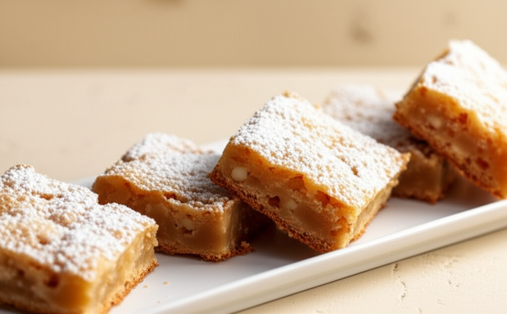 Baked blonde bars with powdered sugar, cut into squares and stacked on a white serving plate.