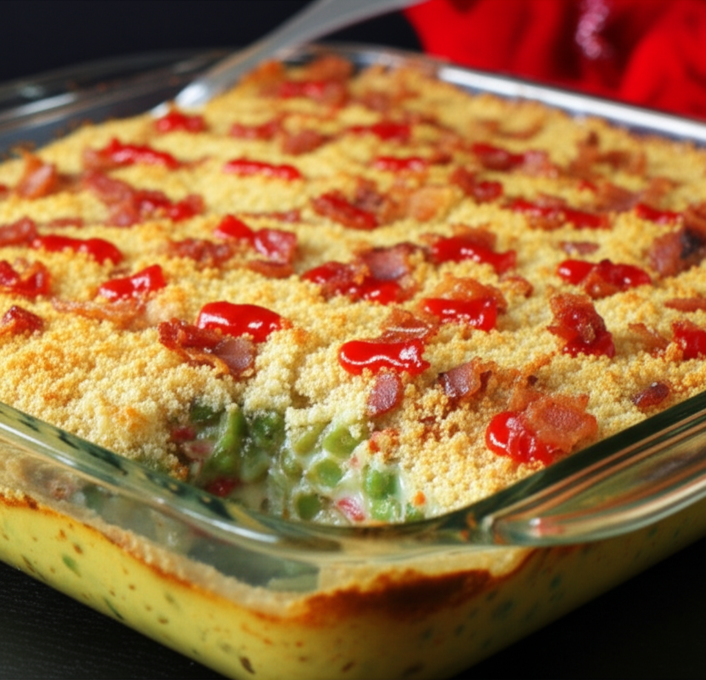 Lima bean casserole with crumb topping, bacon bits, and red sauce in a glass baking dish.