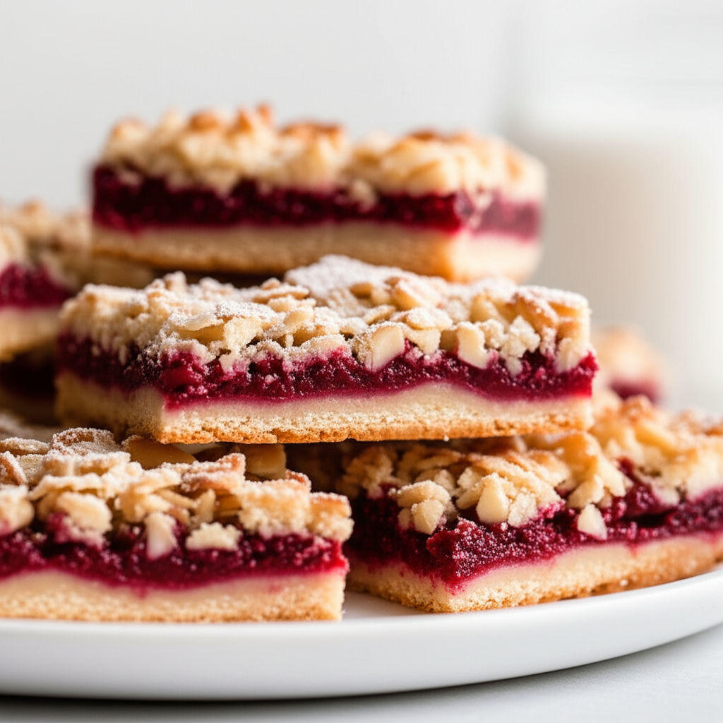 Stacked raspberry almond bars on a white plate, showing layers of crust, jam filling, and almond crumble topping.