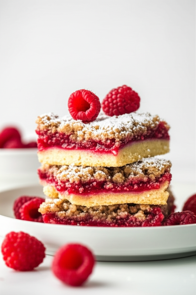 Stacked raspberry squares with crumb topping, powdered sugar, and fresh raspberries on a white plate.