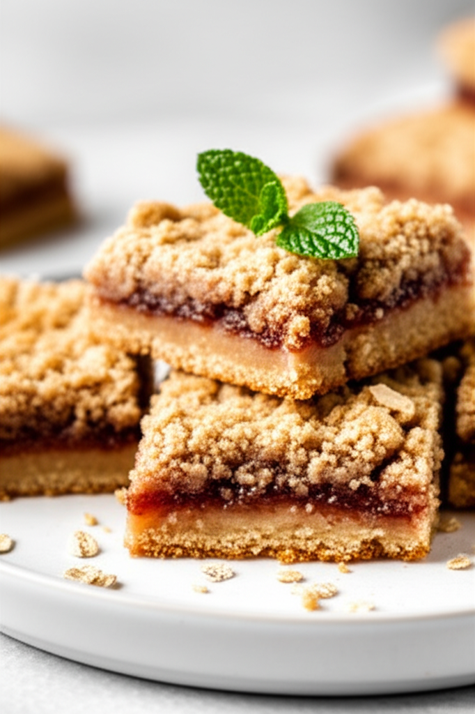 Stacked whole grain jam squares with crumb topping, garnished with mint on a white plate.