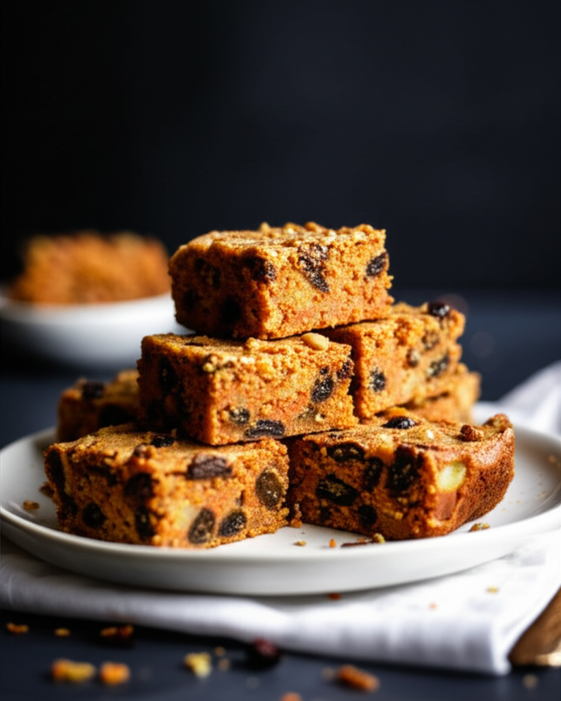 Stacked raisin carrot bars on a white plate, showing moist texture and visible raisins.