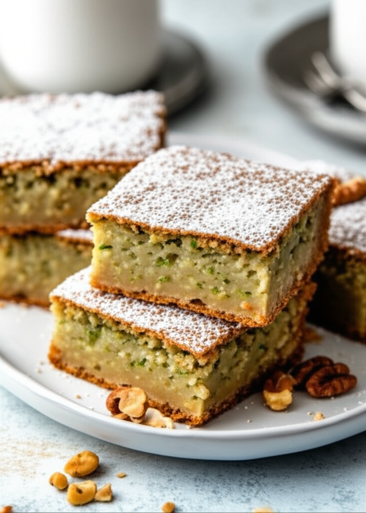 Stacked zucchini bars, dusted with powdered sugar, on a white plate with scattered nuts.