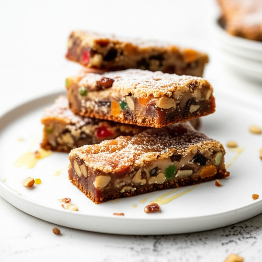 Stacked Noel fruit bars dusted with powdered sugar on a white plate.