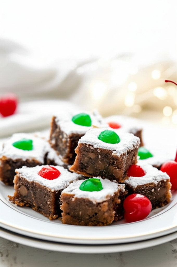 Stacked brownie squares dusted with powdered sugar, topped with red and green candied cherries on a white plate.