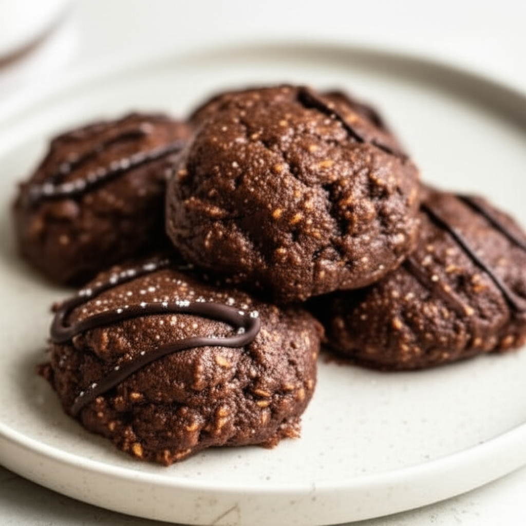 Pile of no-bake fudge cookies on a plate, drizzled with chocolate and sprinkled with sugar.