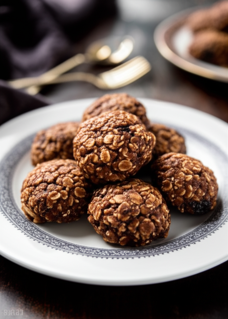 Pile of boiled cookies on a white plate with a blue patterned rim. Cookies are brown and textured with oats.