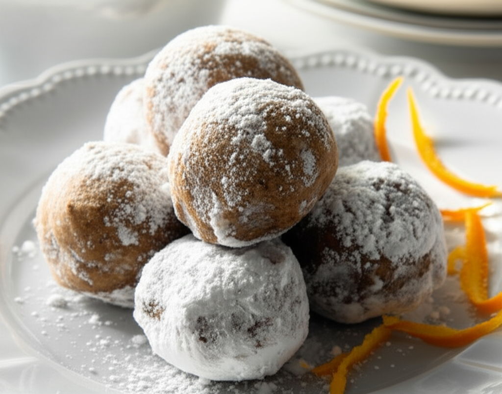 Pile of no-bake cocoa balls, dusted with powdered sugar, on a white plate with orange zest curls.