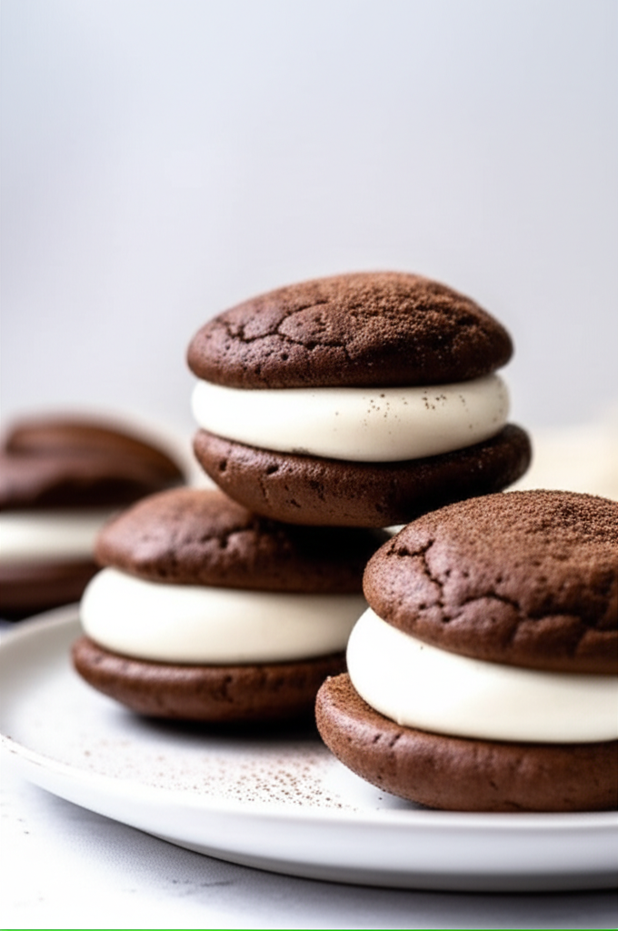 Stack of chocolate whoopie pies with creamy white filling, dusted with cocoa powder on a white plate.