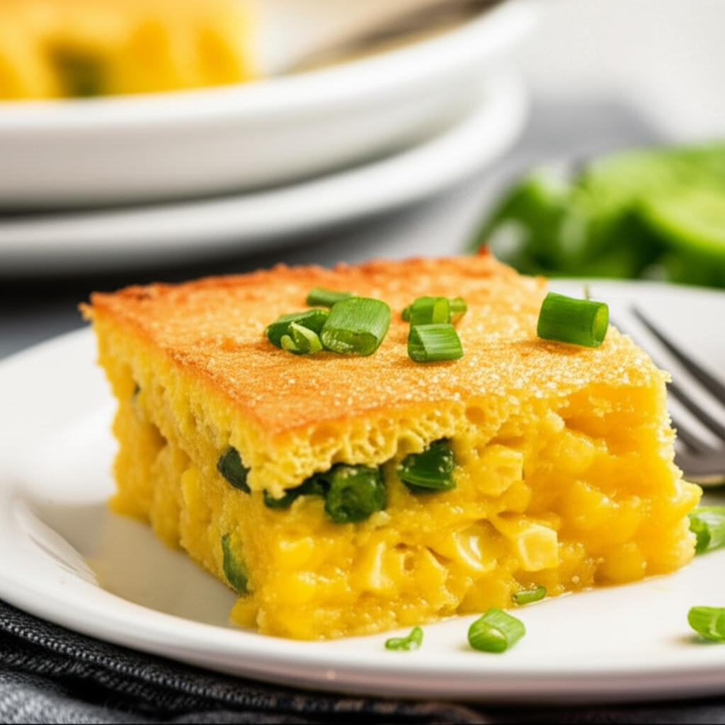 Square of golden corn bake on a white plate, garnished with chopped green onions.