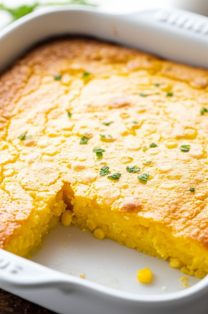 Baked corn pudding in a white dish, garnished with green herbs, with a piece cut out.