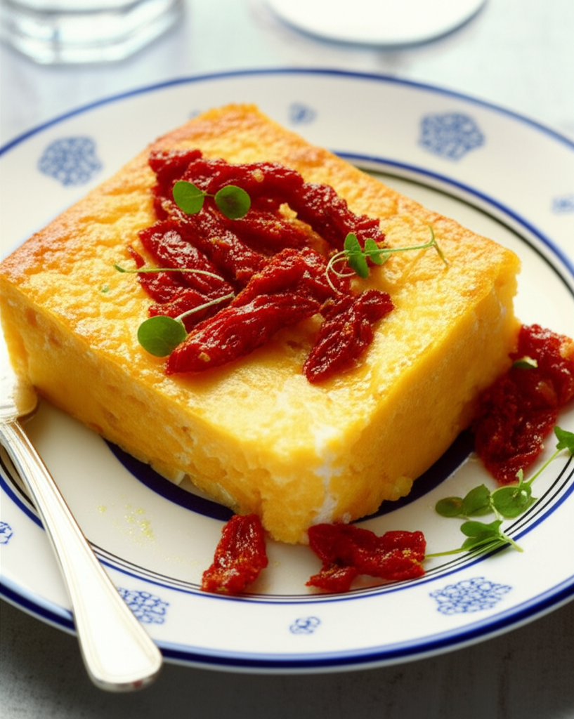 Slice of golden corn pudding topped with sun-dried tomatoes and microgreens on a blue-rimmed plate.