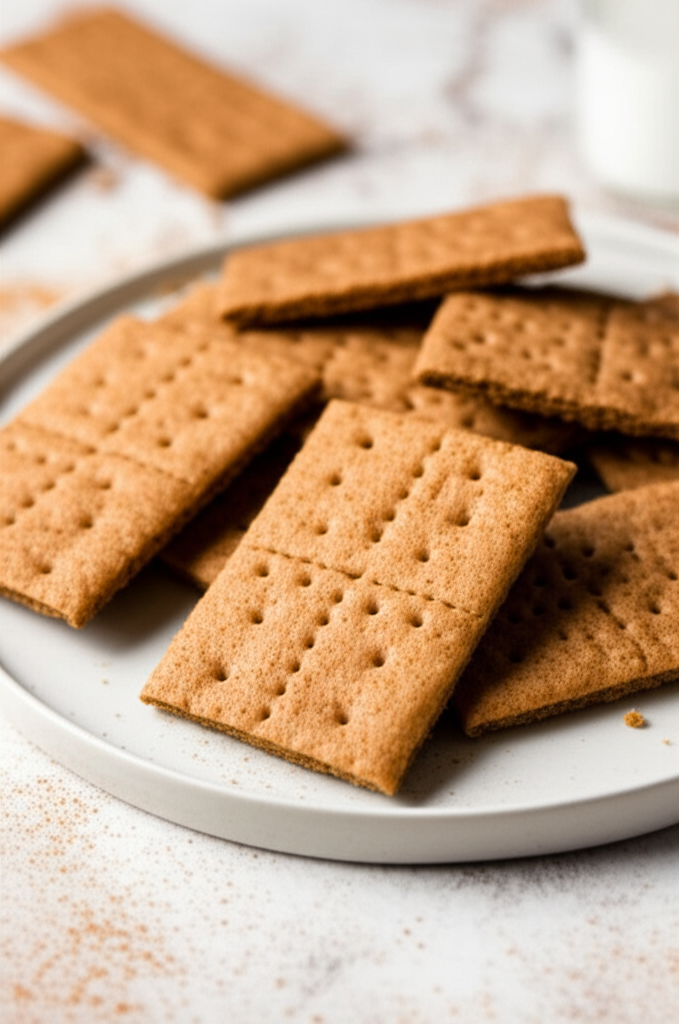 Cinnamon graham crackers stacked on a plate, showing their scored texture and golden-brown color. Milk in background.