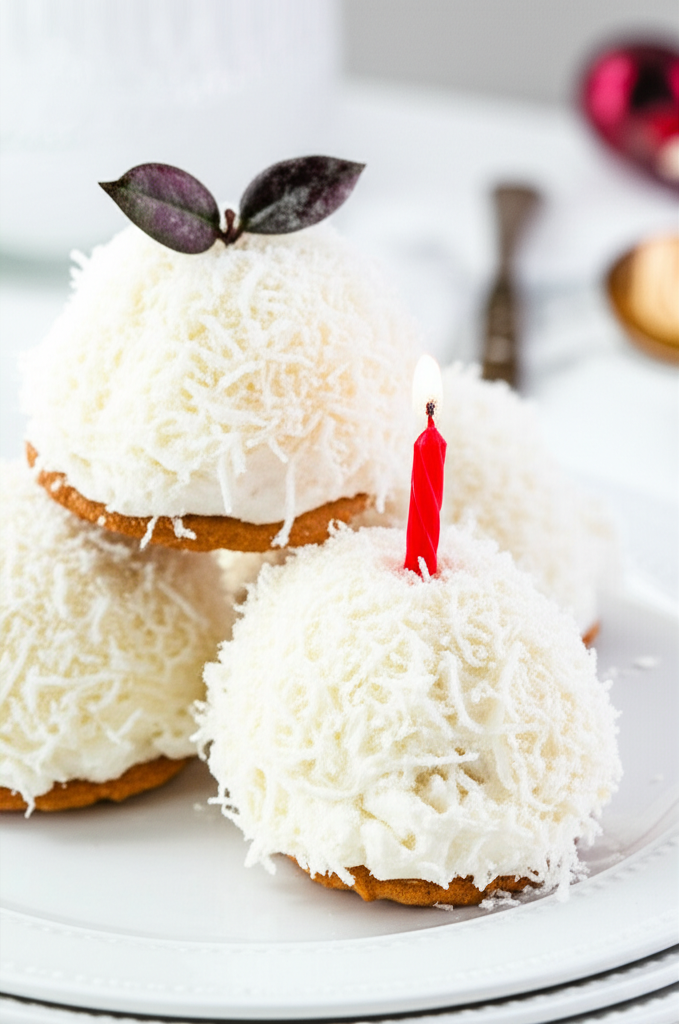 Coconut-covered snowball cookies stacked on a white plate, one with a lit red candle and leaf garnish.