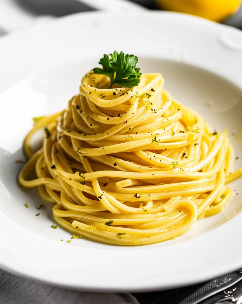 Lemon pasta: Swirl of spaghetti on white plate, topped with parsley and lemon zest.