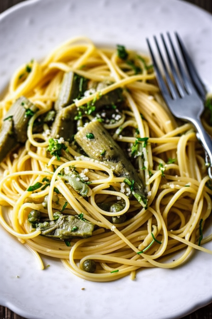 Spaghetti with artichoke hearts, capers, and herbs on a white plate.