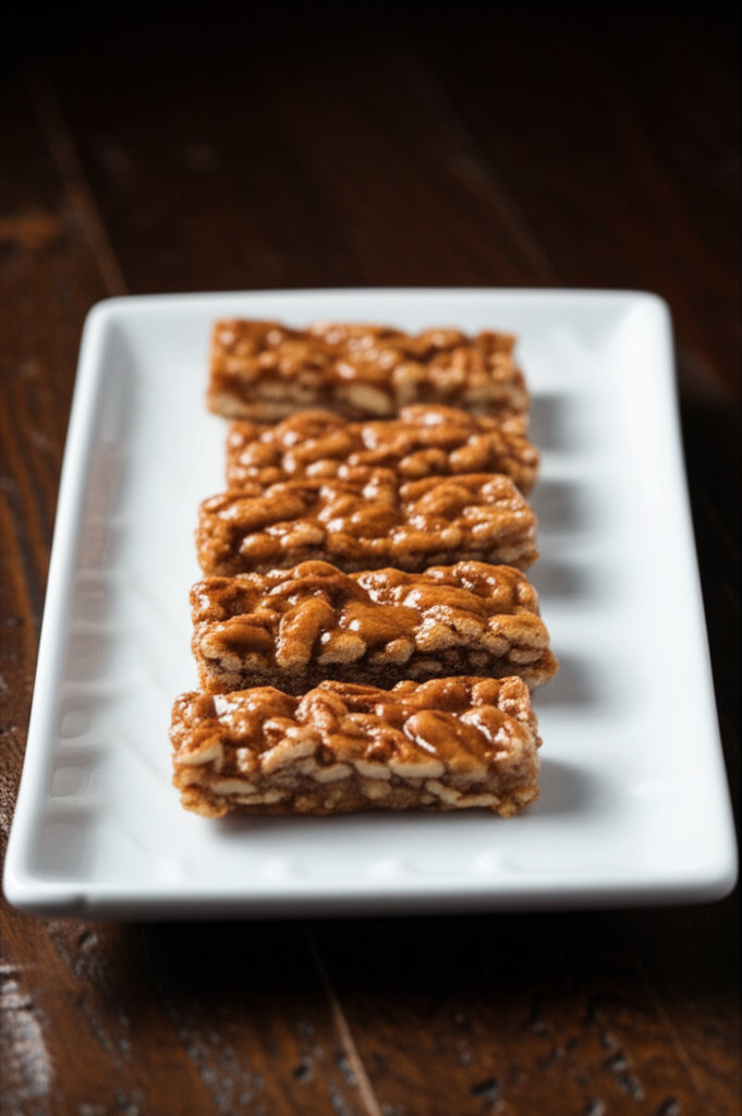 Five graham cracker bars with a shiny caramel topping on a white rectangular plate.