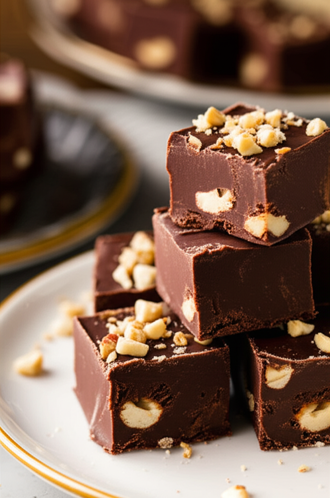 Stacked chocolate fudge squares with nuts, served on a white plate with a gold rim.