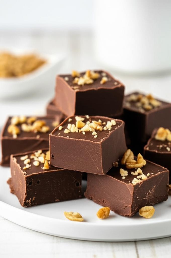 Stacked squares of dark chocolate fudge, topped with chopped nuts, on a white plate.