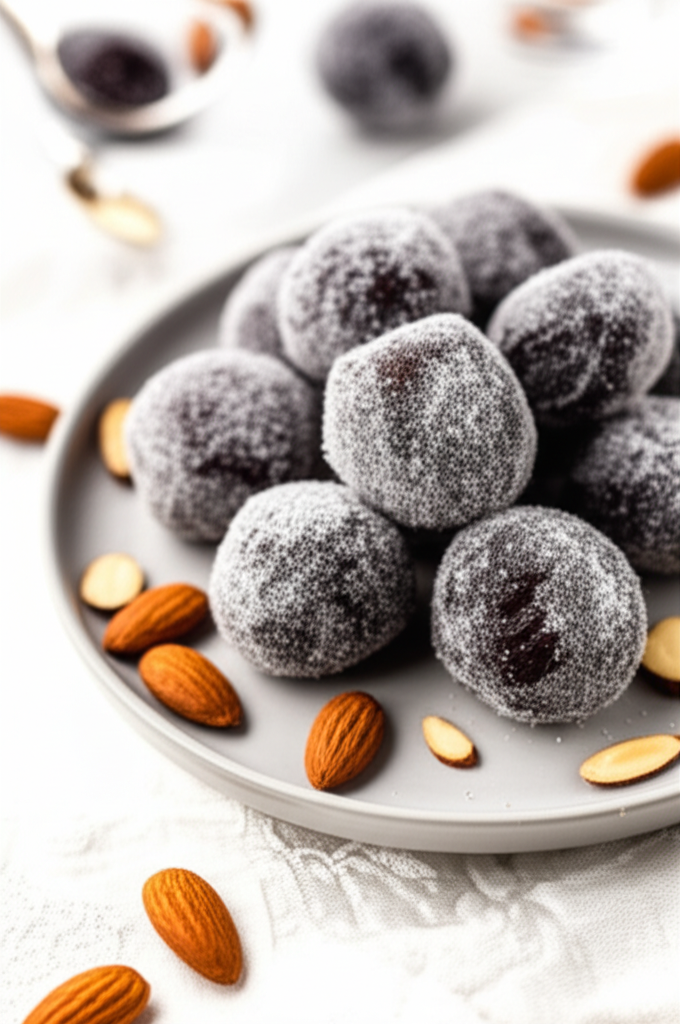 Sugar plums: Dark, round candies coated in sugar, piled on a gray plate with almonds.
