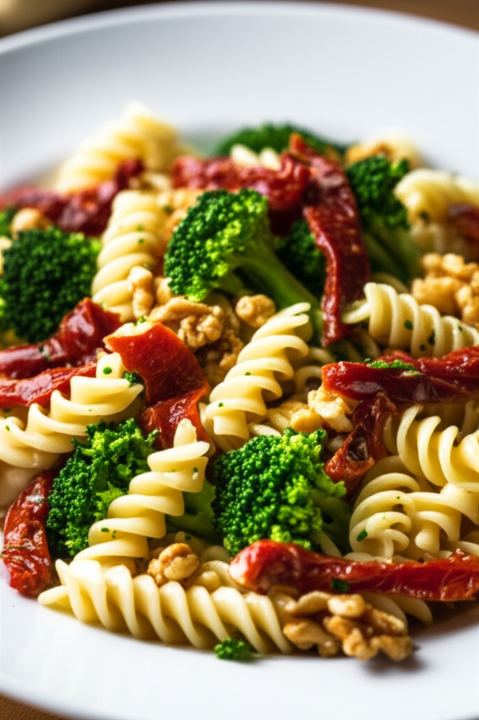 Fusilli pasta with broccoli, sun-dried tomatoes, and walnuts on a white plate.