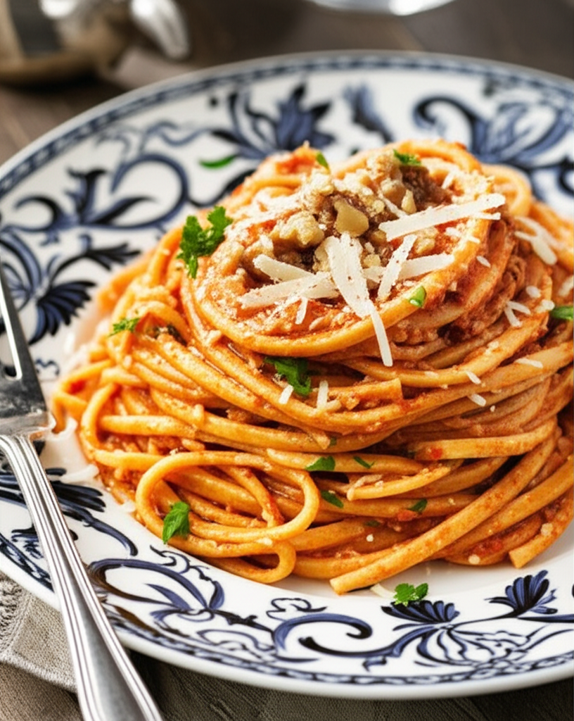 Stacked pasta with red sauce, grated cheese, chopped nuts, and parsley on a patterned plate.