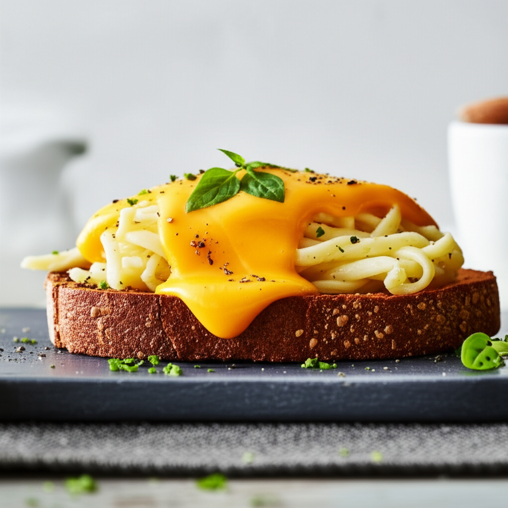 Welsh rarebit: Toast topped with noodles and melted cheese sauce, garnished with basil and pepper.