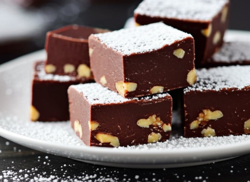 Chocolate fudge squares with walnuts, dusted with powdered sugar, stacked on a white plate.