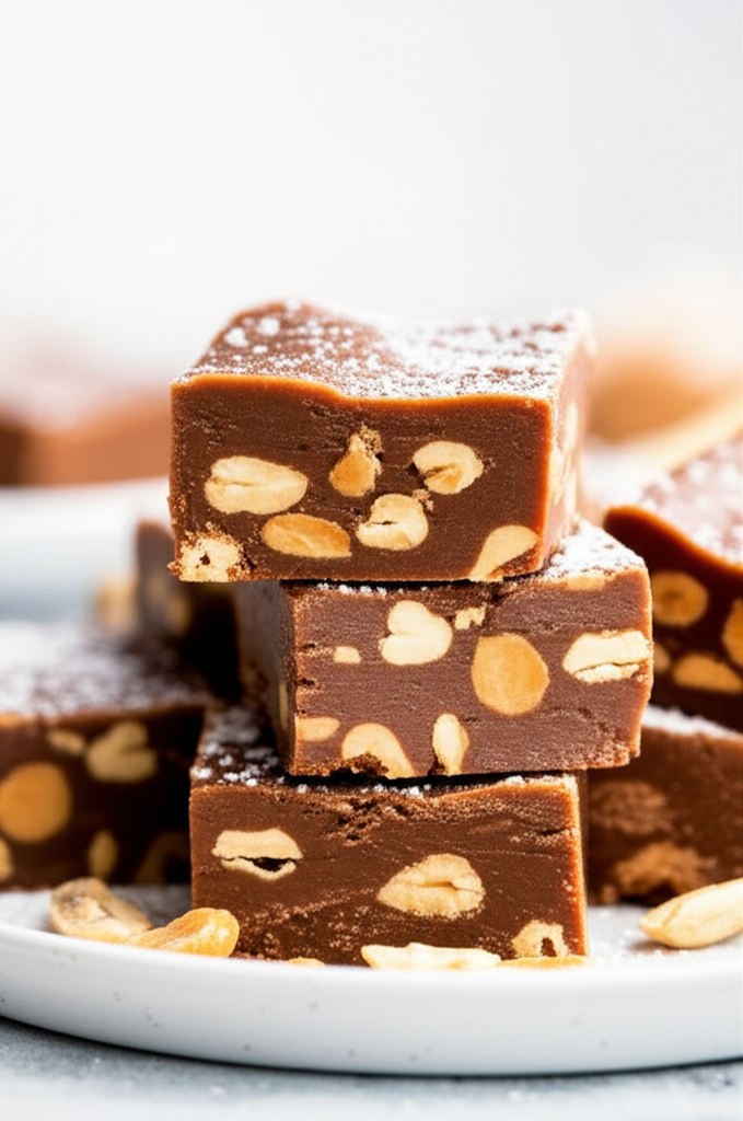 Stacked squares of microwave fudge with peanuts, dusted with powdered sugar on a white plate.
