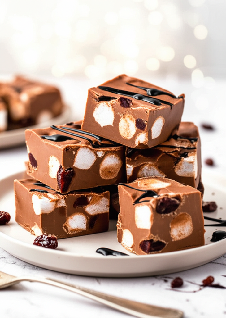 Stacked peanut butter fudge squares with marshmallows and cranberries, drizzled with chocolate.