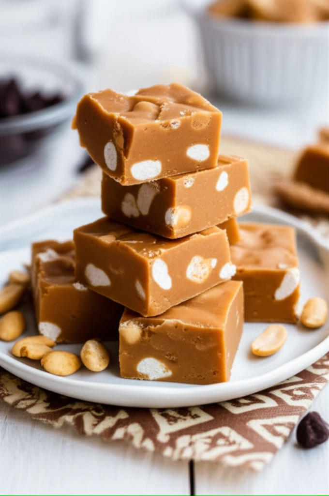 Stacked peanut butter fudge squares with whole peanuts on a white plate.