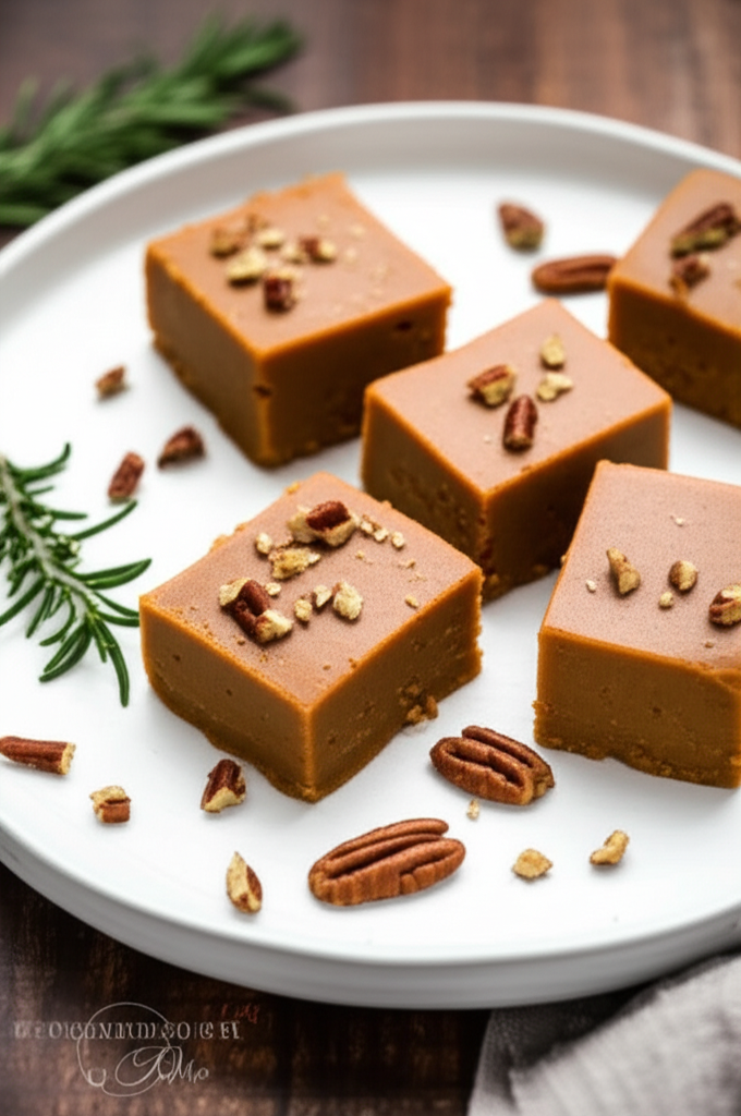 Square pieces of pumpkin fudge topped with chopped pecans on a white plate.