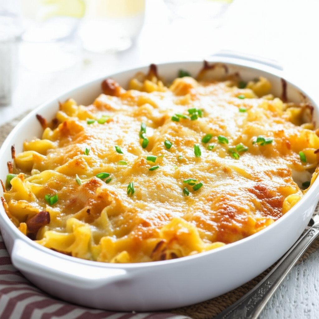 Baked noodle casserole in white dish, topped with melted cheese and chopped chives.