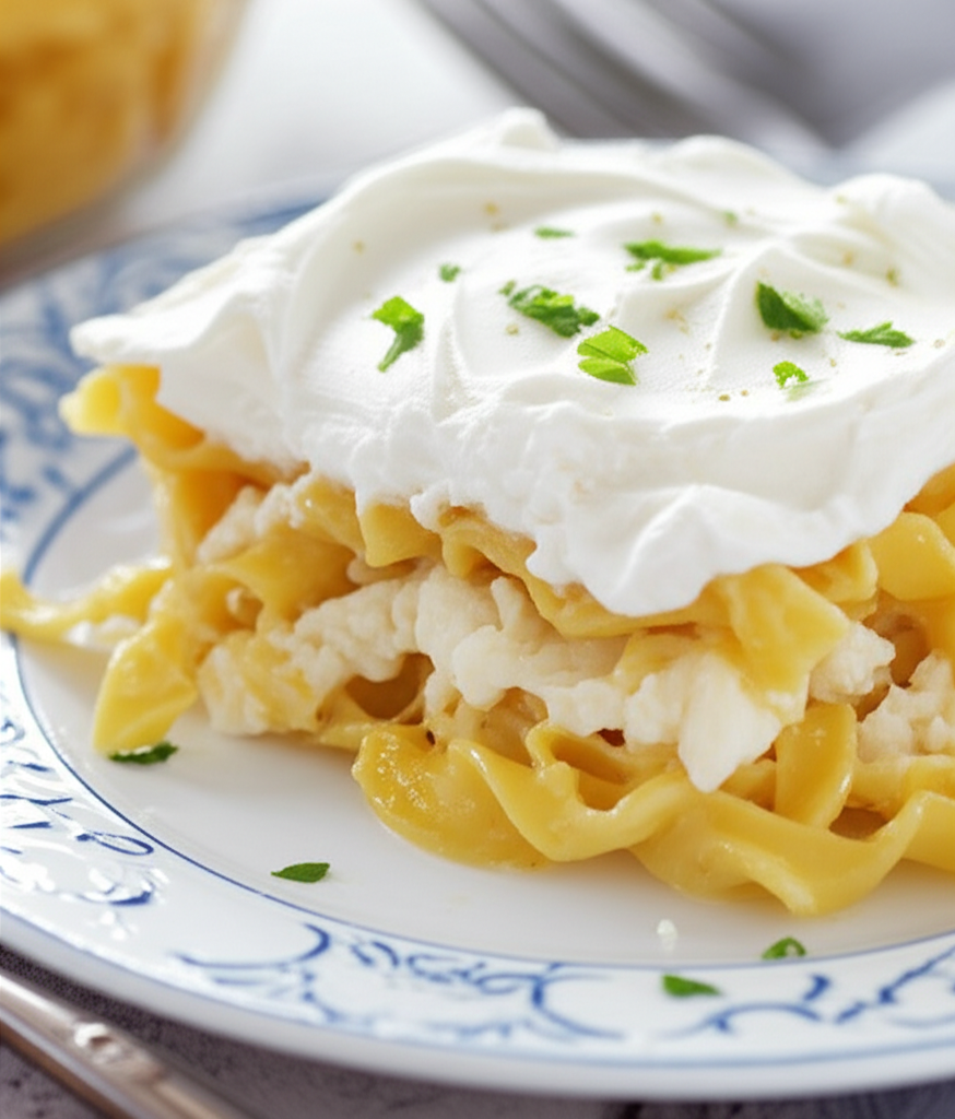 Slice of noodle casserole topped with creamy white sauce and parsley, served on a blue-patterned plate.