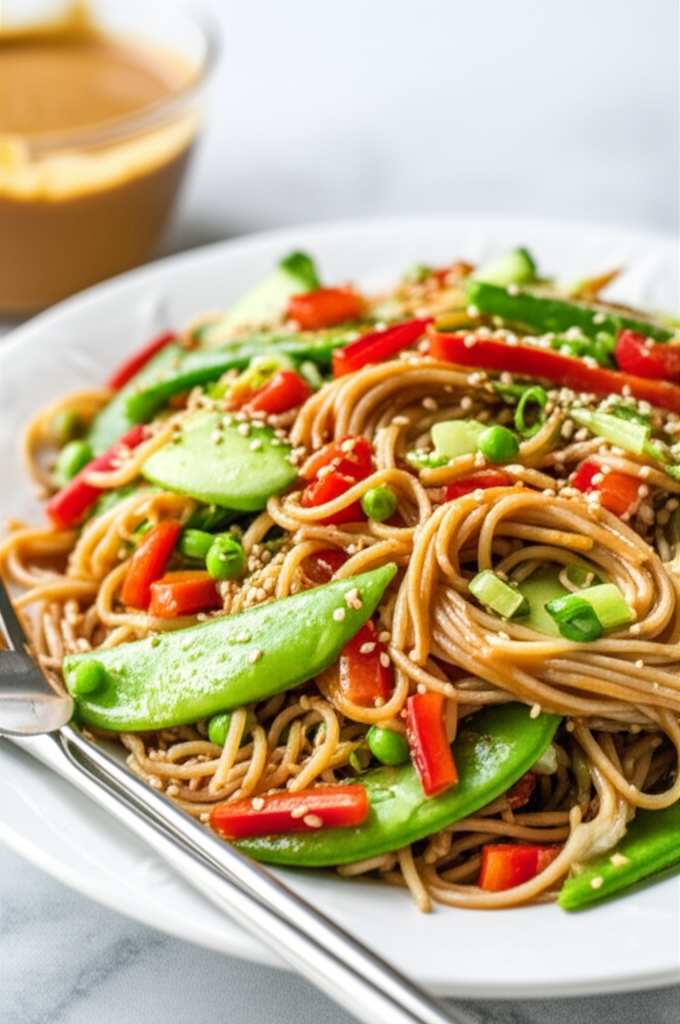 Noodles with peanut sauce, topped with snow peas, red peppers, and sesame seeds on a white plate.