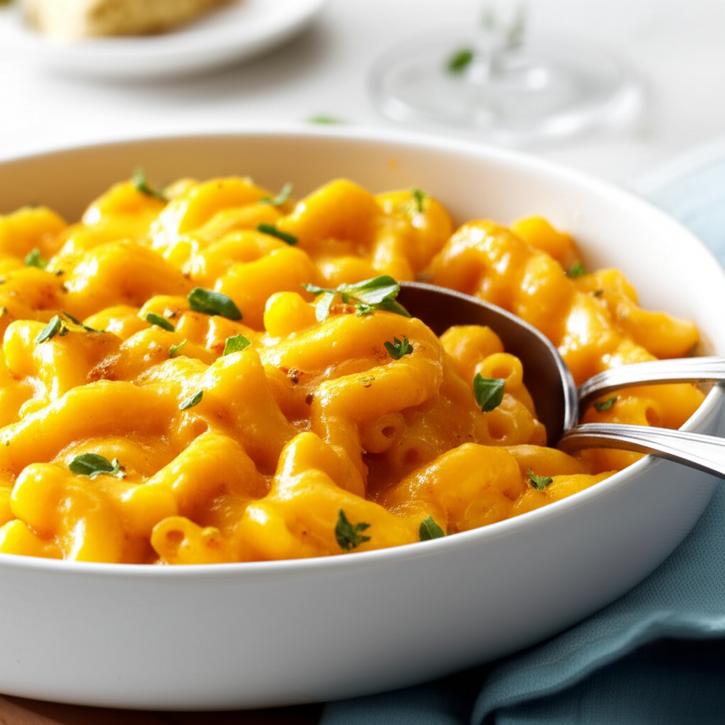 Creamy macaroni and cheese in a white bowl, garnished with fresh herbs and served with a spoon.