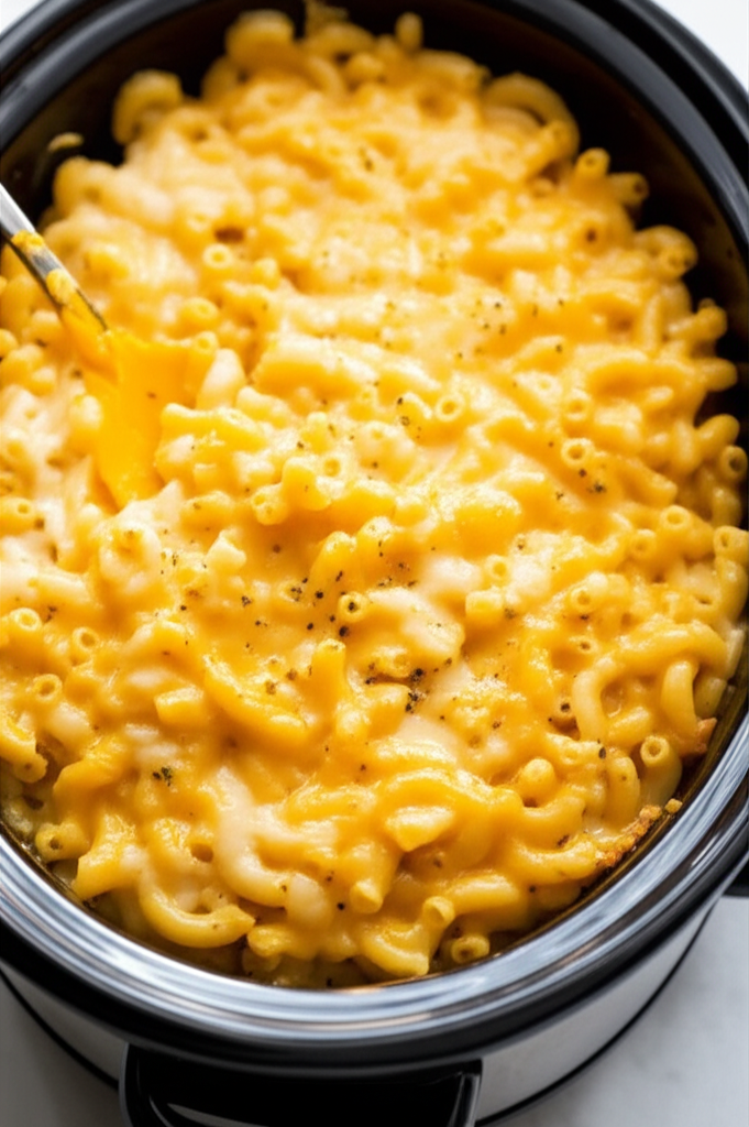Creamy, golden macaroni and cheese in a slow cooker, with a serving spoon.