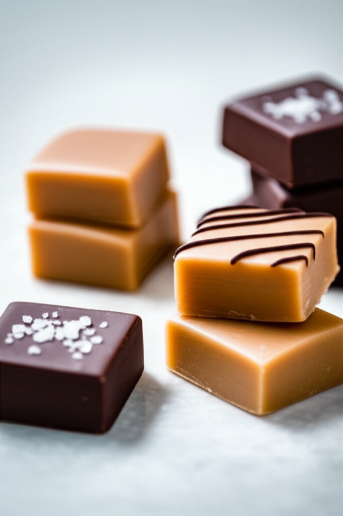 Assorted square caramels: plain, chocolate with sea salt, and caramel drizzled with chocolate.