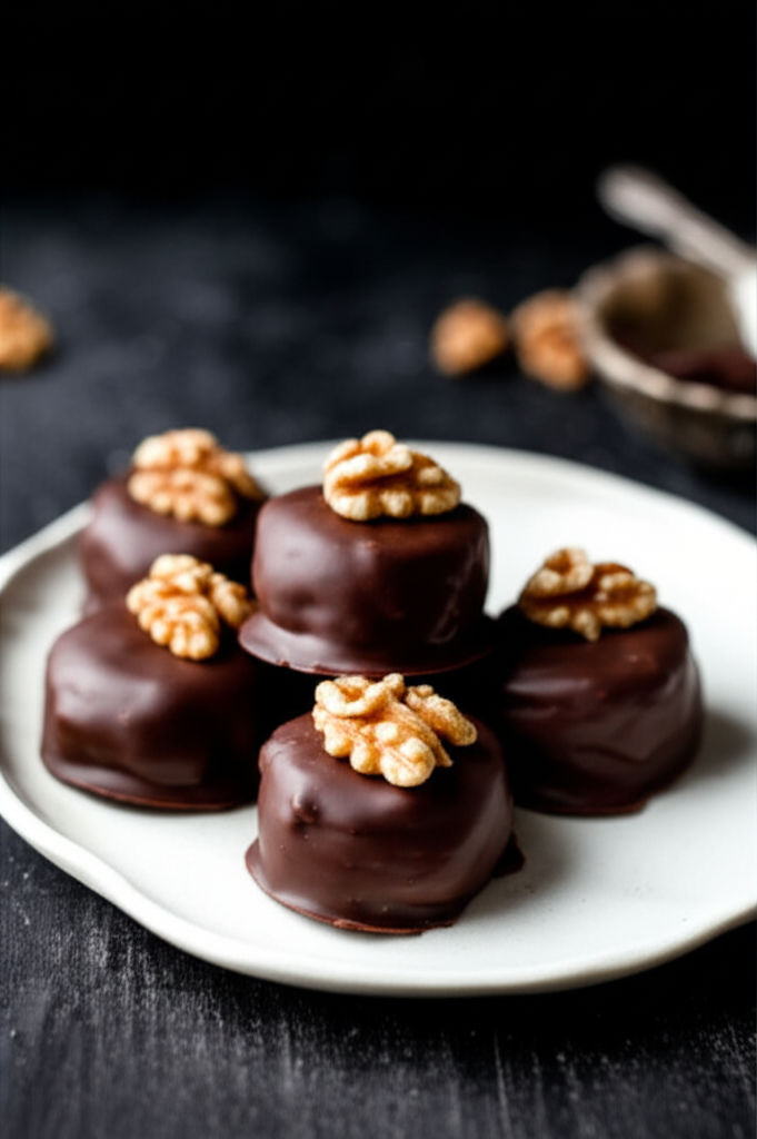 Shiny chocolate-covered caramels topped with walnuts on a white plate.